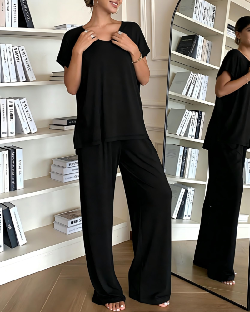 Completo Relax Donna 2 Pezzi – Maglia Collo a V & Pantaloni Larghi