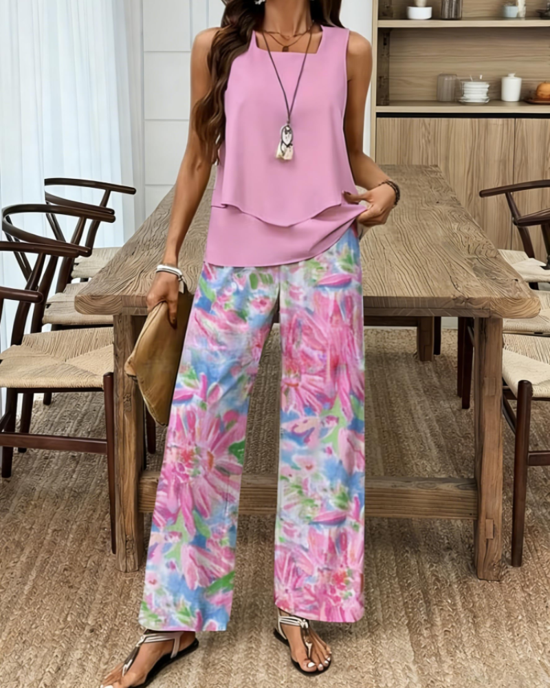 Gracelyn Damesensemble 2-delig – Mouwloze V-hals Top & Bladeren Shorts