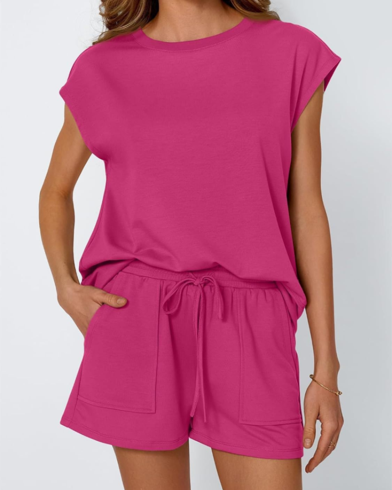 Floravie Ensemble Détente Femme 2 Pièces – Haut Manches Courtes & Short à Cordon