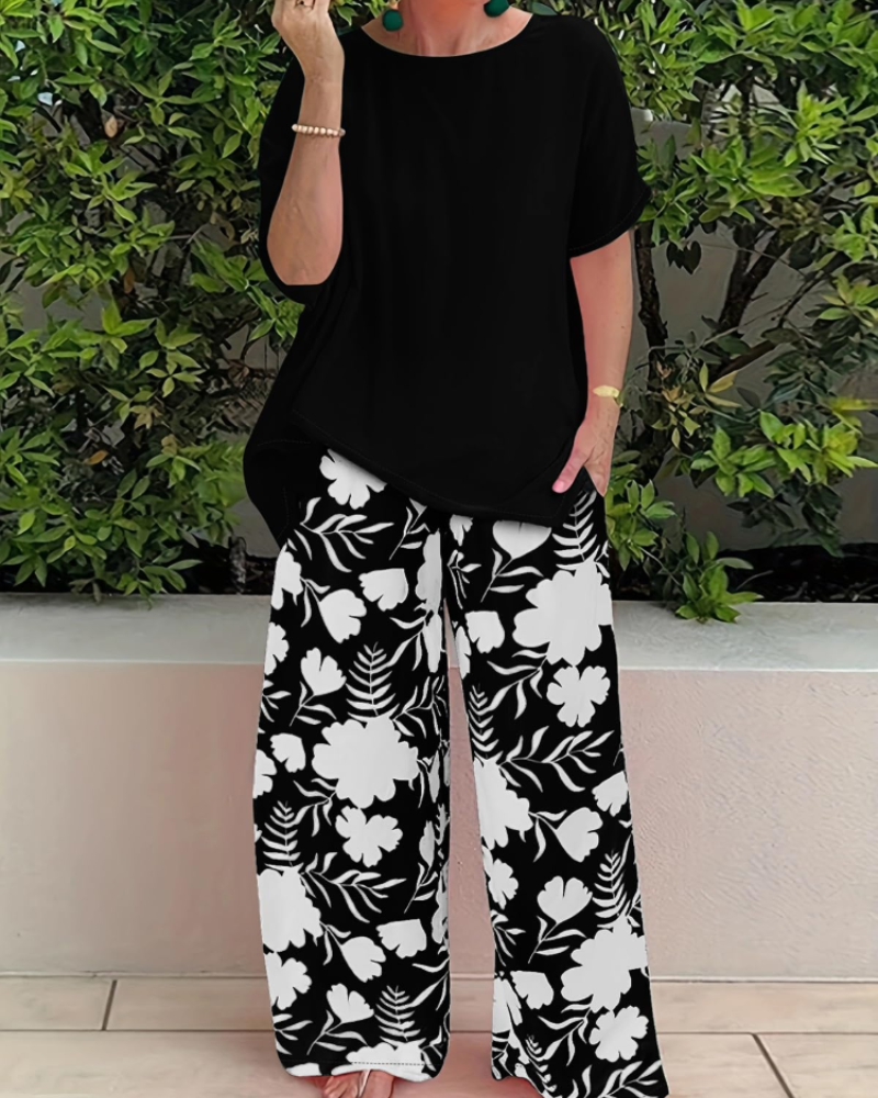 Madison Ensemble Femme 2 Pièces – Haut Fleuri & Pantalon Ample Élégant d'Été