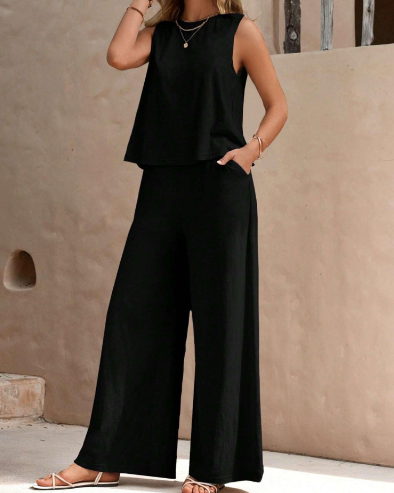 Completo Donna Giana 2 Pezzi – Top Cinturato con Maniche a Sbuffo e Pantaloni Larghi