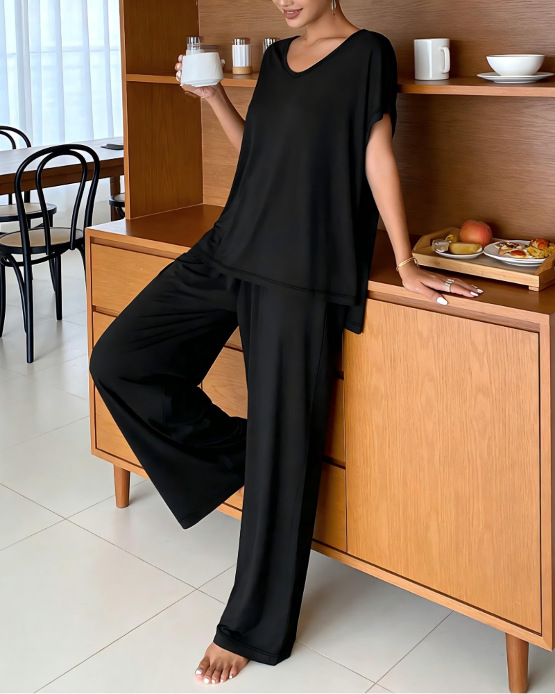 Completo Relax Donna 2 Pezzi – Maglia Collo a V & Pantaloni Larghi