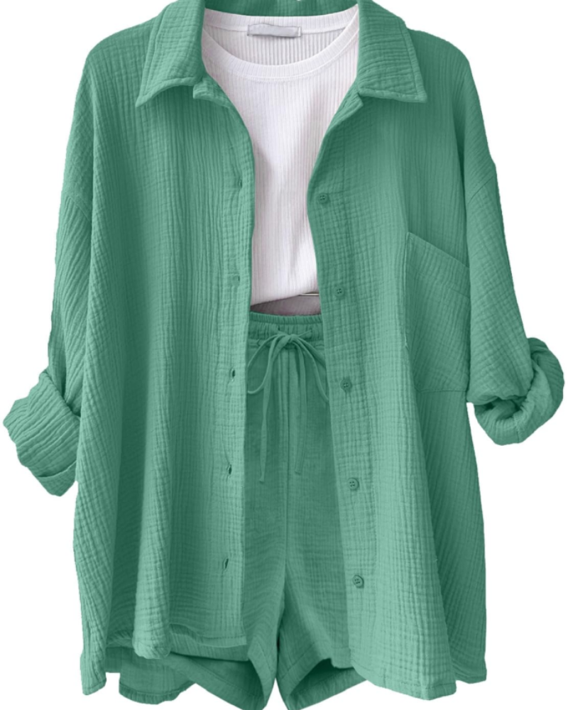 Grace Ensemble Femme Coton & Lin – Chemise & Short 2 Pièces avec Cordon et Poches