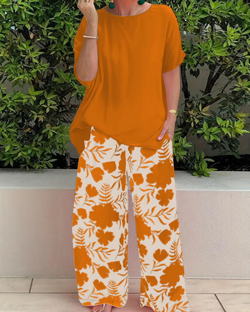 Madison Ensemble Femme 2 Pièces – Haut Fleuri & Pantalon Ample Élégant d'Été