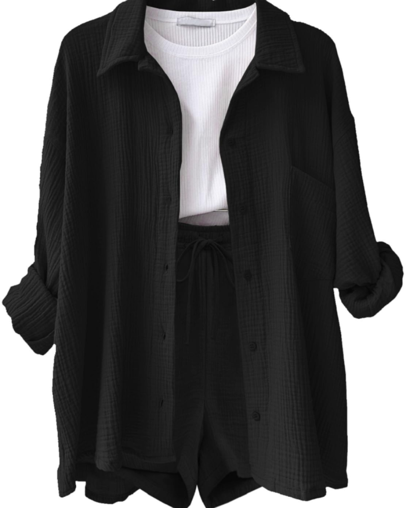 Grace Ensemble Femme Coton & Lin – Chemise & Short 2 Pièces avec Cordon et Poches
