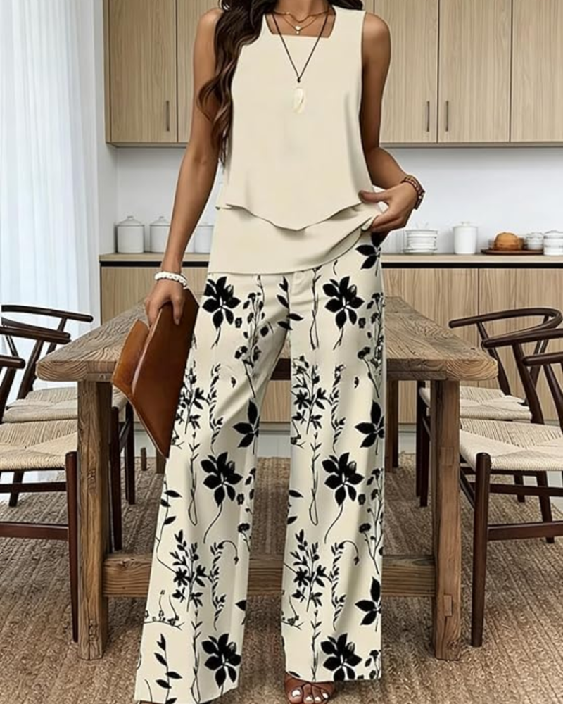 Gracelyn Damesensemble 2-delig – Mouwloze V-hals Top & Bladeren Shorts