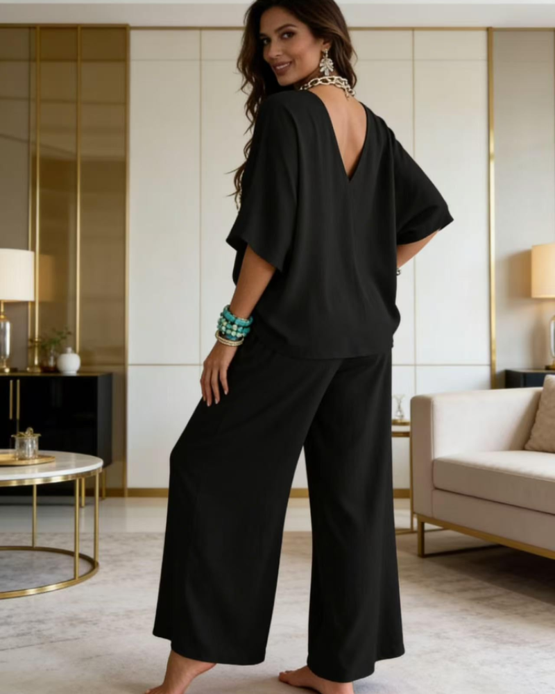 Giada Ensemble Femme 2 Pièces – Haut Col V à Manches Bouffantes & Pantalon Large