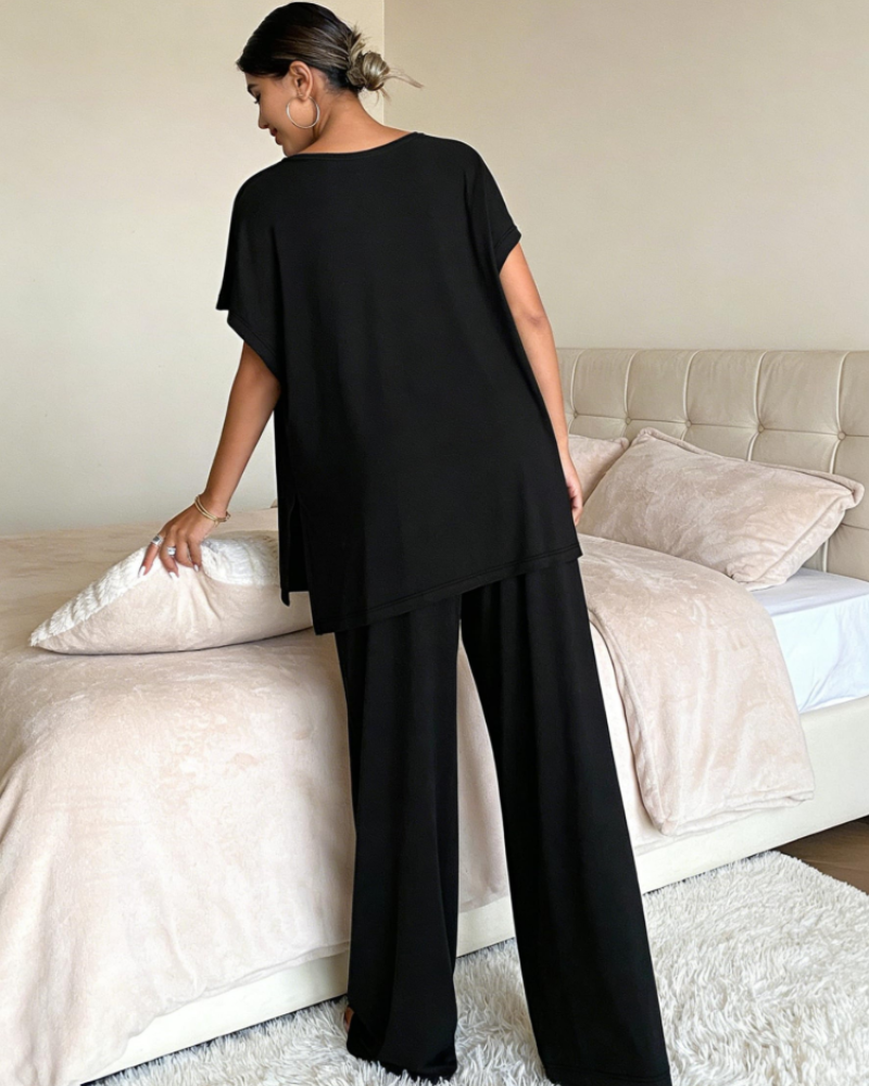 Completo Relax Donna 2 Pezzi – Maglia Collo a V & Pantaloni Larghi