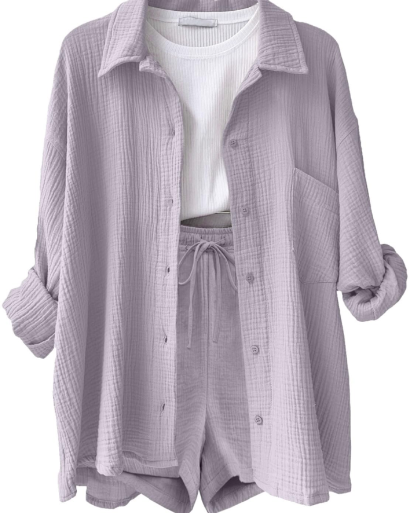 Grace Ensemble Femme Coton & Lin – Chemise & Short 2 Pièces avec Cordon et Poches