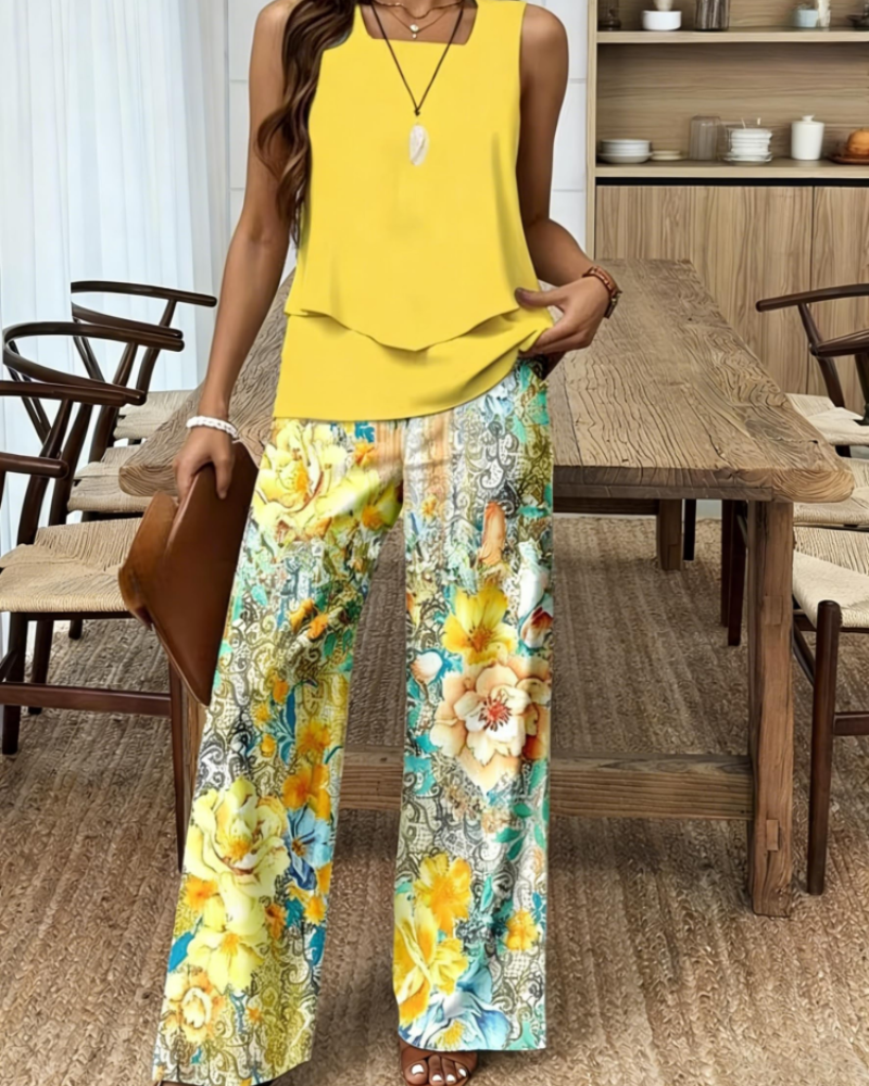 Gracelyn Damesensemble 2-delig – Mouwloze V-hals Top & Bladeren Shorts