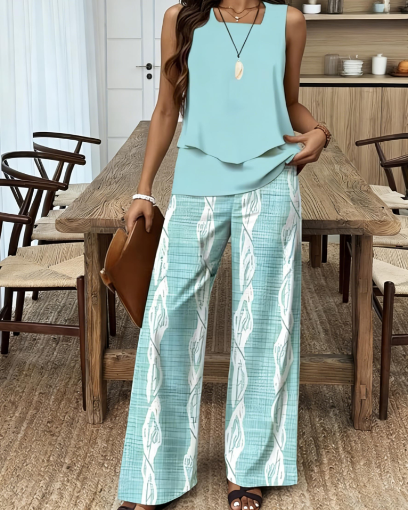 Gracelyn Damesensemble 2-delig – Mouwloze V-hals Top & Bladeren Shorts