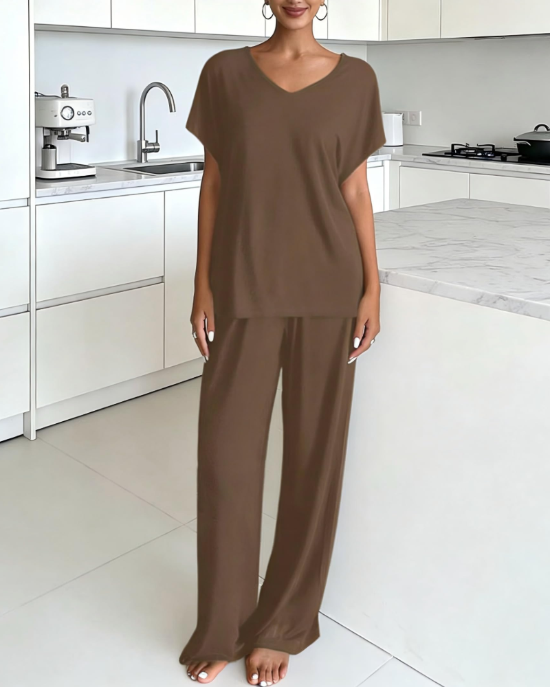 Completo Relax Donna 2 Pezzi – Maglia Collo a V & Pantaloni Larghi