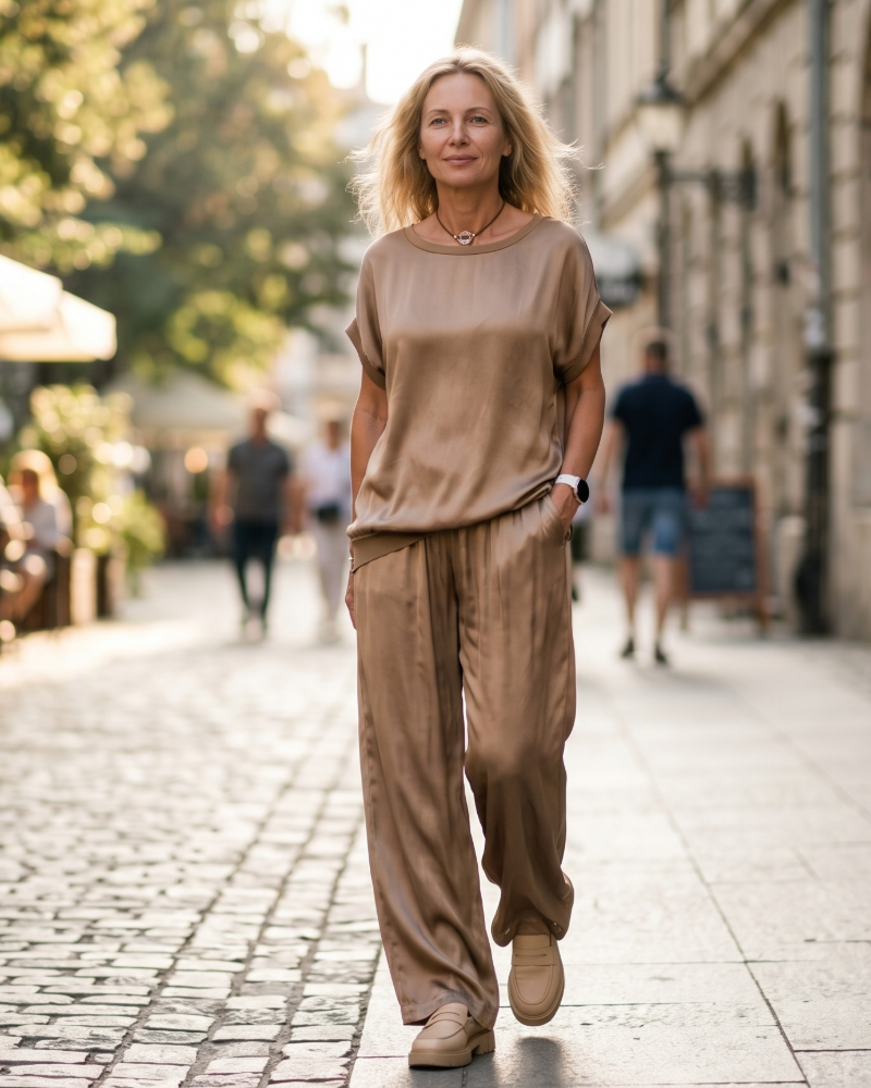 Olivia Dame Sæt i Satin – Rundhals Top & Vide Bukser med Elastisk Talje