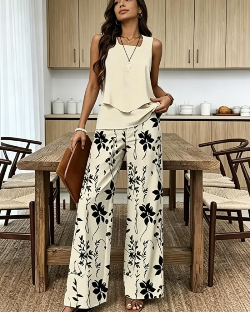 Gracelyn Damesensemble 2-delig – Mouwloze V-hals Top & Bladeren Shorts