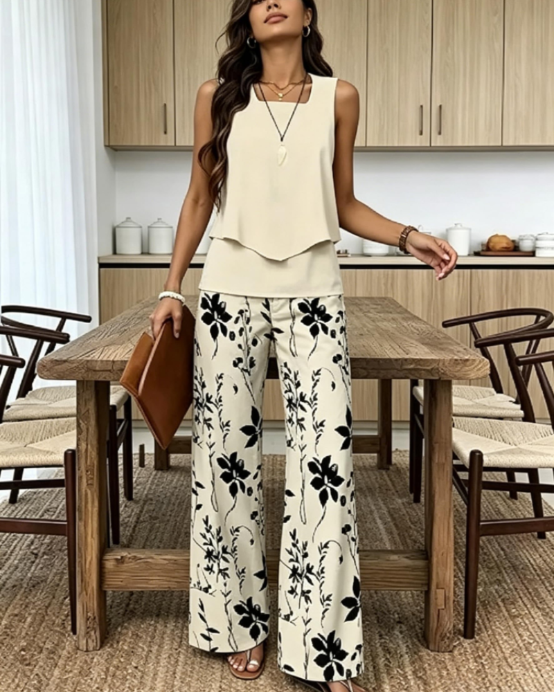 Gracelyn Damesensemble 2-delig – Mouwloze V-hals Top & Bladeren Shorts