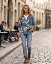 Blusa Amelia Donna Lino – Scollo a V Floreale Maniche Lunghe con Bottoni