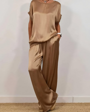 Olivia Ensemble Femme Satin – Top Col Rond & Pantalon Large Taille Élastique