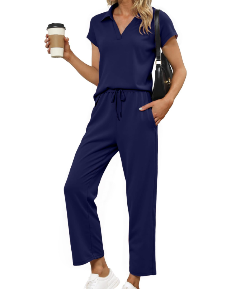 Chloe Ensemble Femme 2 Pièces – Haut Col V & Pantalon Large Confortable pour Voyage