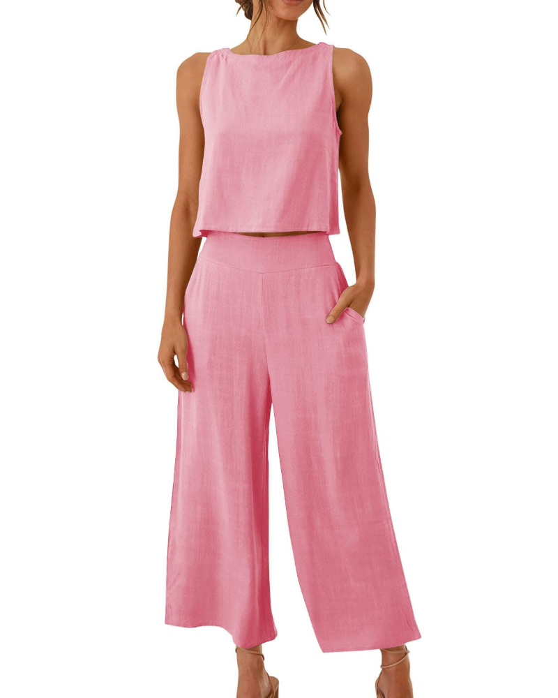 Sophia Ensemble Femme Lin 2 Pièces – T-Shirt & Pantalon Large Confort Été
