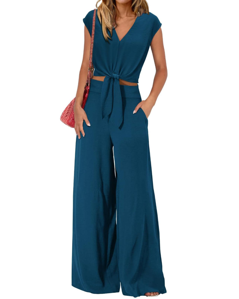 Sienna Damen Sommerensemble – V-Ausschnitt mit Schleife & Weite Hose