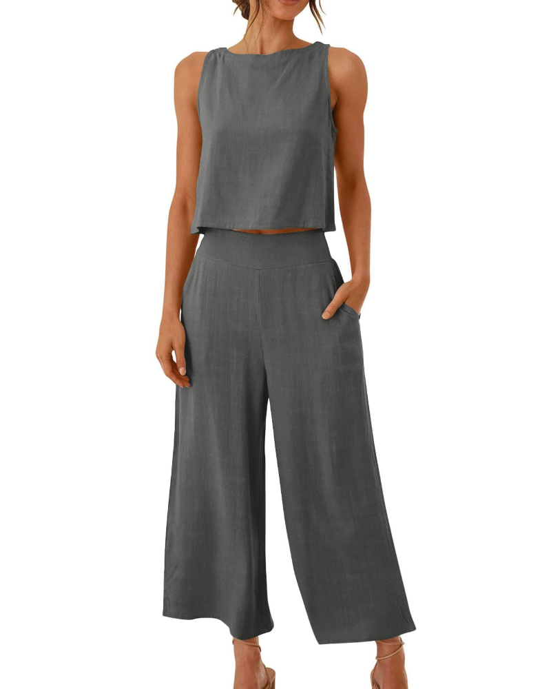 Sophia Ensemble Femme Lin 2 Pièces – T-Shirt & Pantalon Large Confort Été