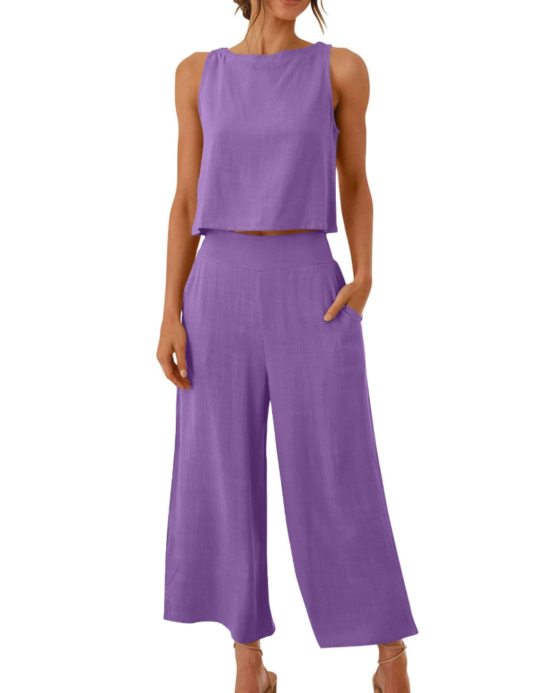 Sophia Ensemble Femme Lin 2 Pièces – T-Shirt & Pantalon Large Confort Été