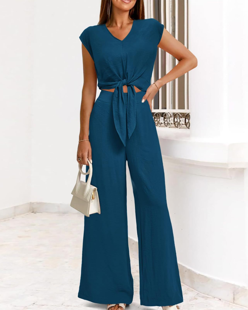 Sienna Damen Sommerensemble – V-Ausschnitt mit Schleife & Weite Hose