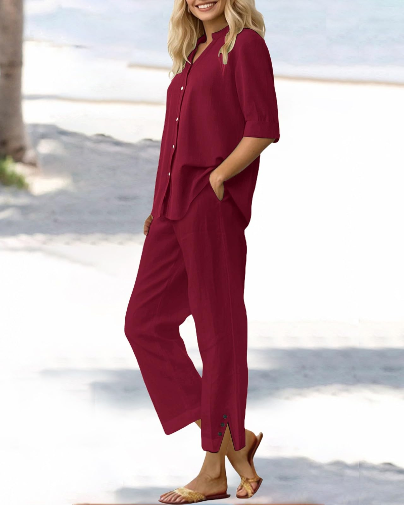 Amelia Ensemble Femme en Lin – Set 2 Pièces Élégant avec Pantalon Large & Coupe Fluide
