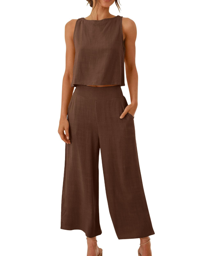Sophia Ensemble Femme Lin 2 Pièces – T-Shirt & Pantalon Large Confort Été