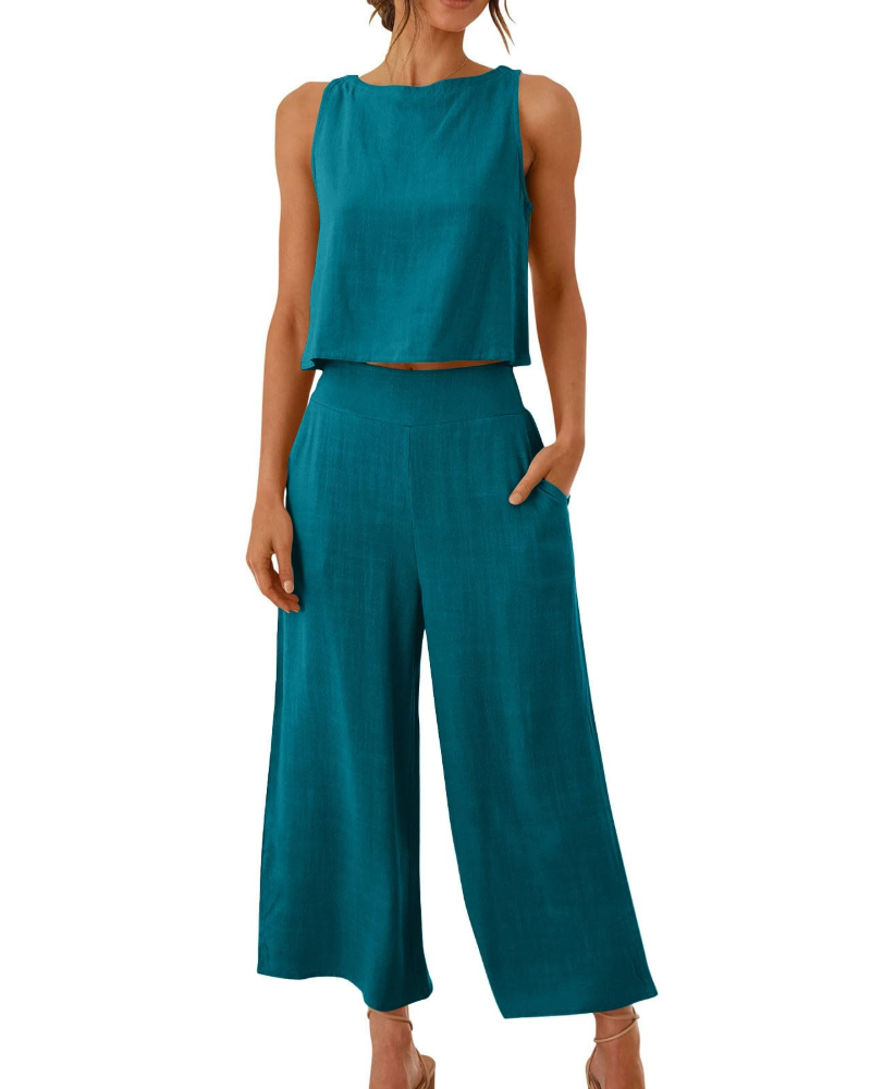 Sophia Ensemble Femme Lin 2 Pièces – T-Shirt & Pantalon Large Confort Été