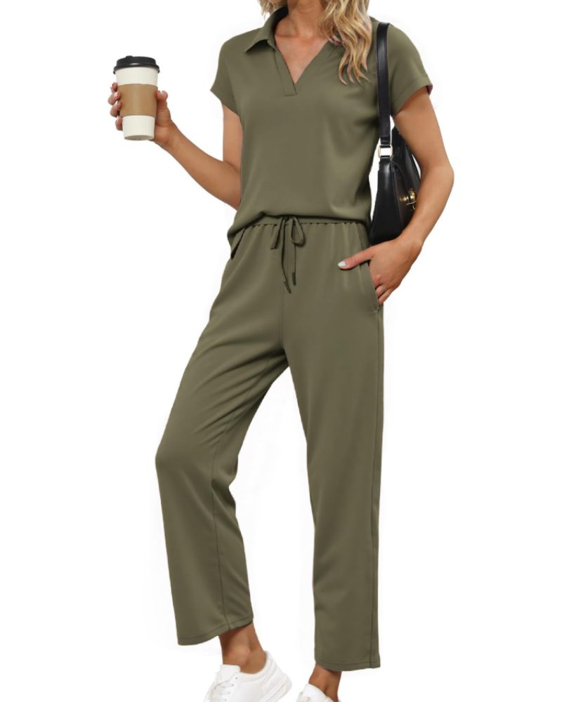Chloe Ensemble Femme 2 Pièces – Haut Col V & Pantalon Large Confortable pour Voyage