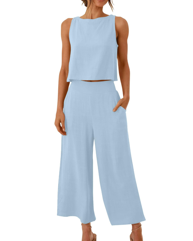 Sophia Ensemble Femme Lin 2 Pièces – T-Shirt & Pantalon Large Confort Été