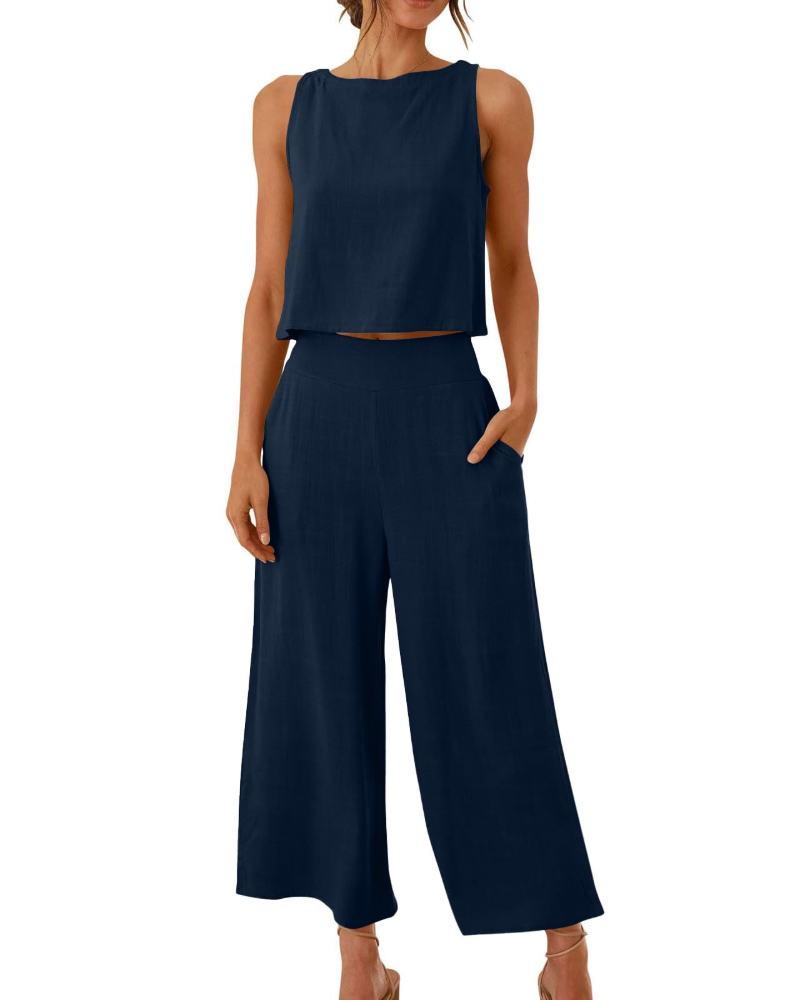 Sophia Ensemble Femme Lin 2 Pièces – T-Shirt & Pantalon Large Confort Été