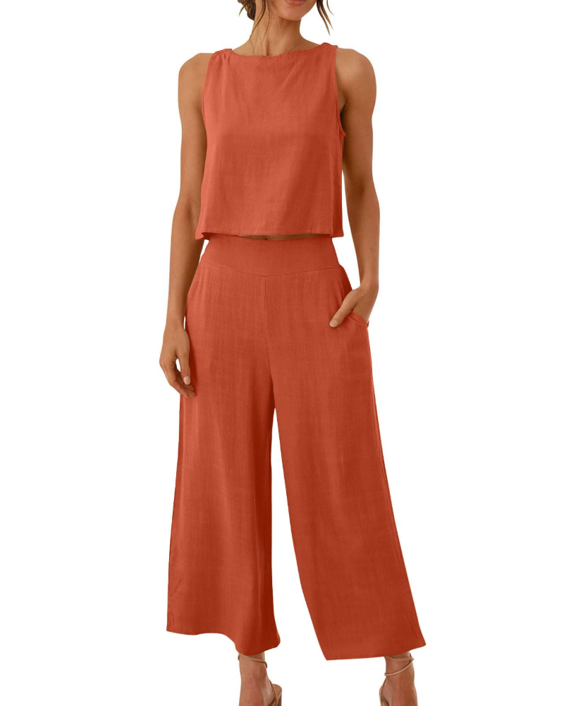 Sophia Ensemble Femme Lin 2 Pièces – T-Shirt & Pantalon Large Confort Été