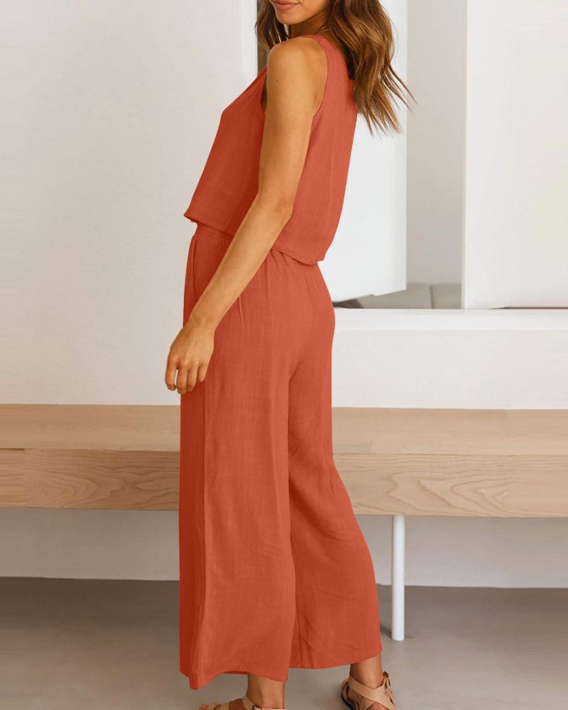 Sophia Ensemble Femme Lin 2 Pièces – T-Shirt & Pantalon Large Confort Été