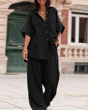 Ava Ensemble Femme Été – Chemise Boutonnée & Pantalon Large Taille Haute