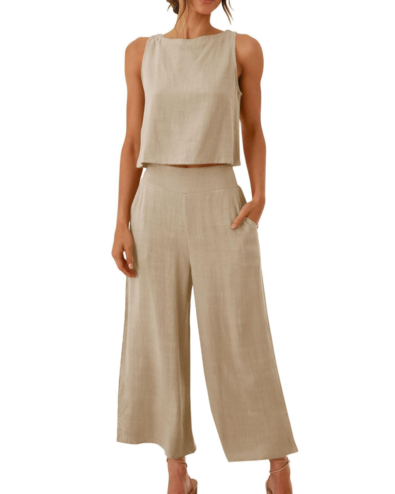 Sophia Ensemble Femme Lin 2 Pièces – T-Shirt & Pantalon Large Confort Été