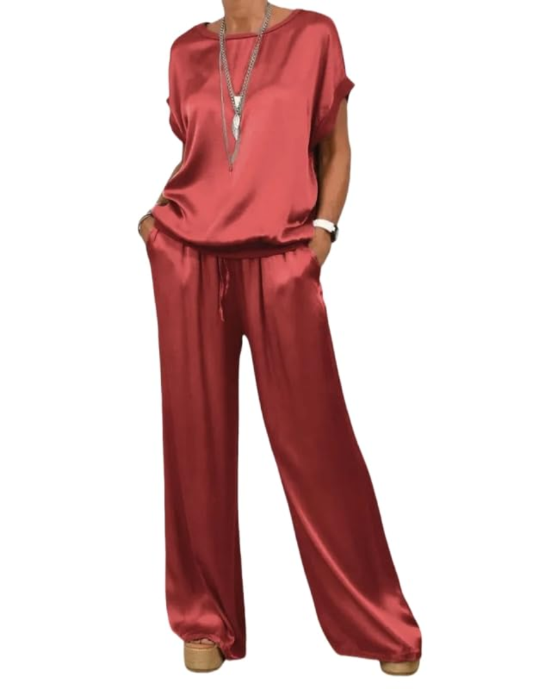 Olivia Ensemble Femme Satin – Top Col Rond & Pantalon Large Taille Élastique