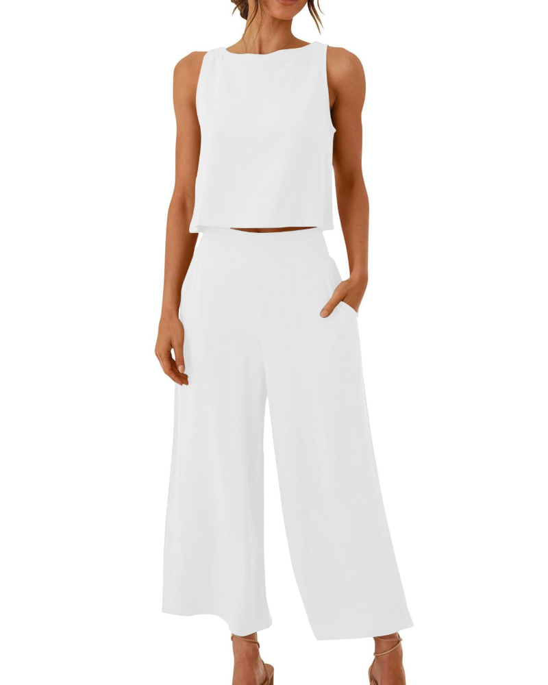 Sophia Ensemble Femme Lin 2 Pièces – T-Shirt & Pantalon Large Confort Été