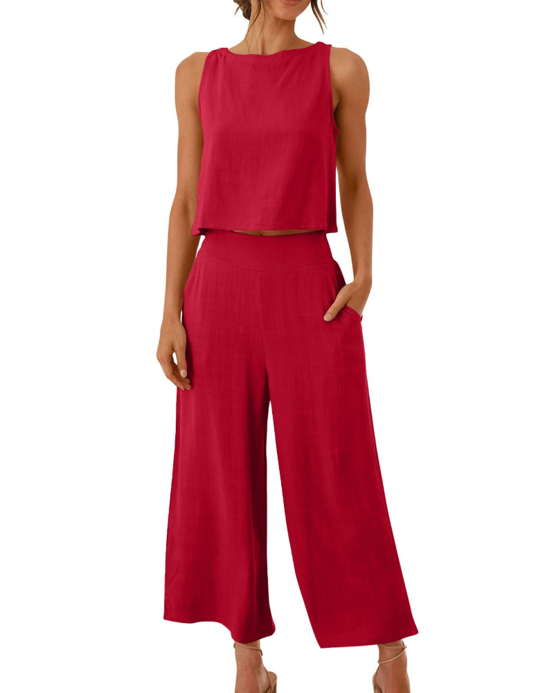 Sophia Ensemble Femme Lin 2 Pièces – T-Shirt & Pantalon Large Confort Été