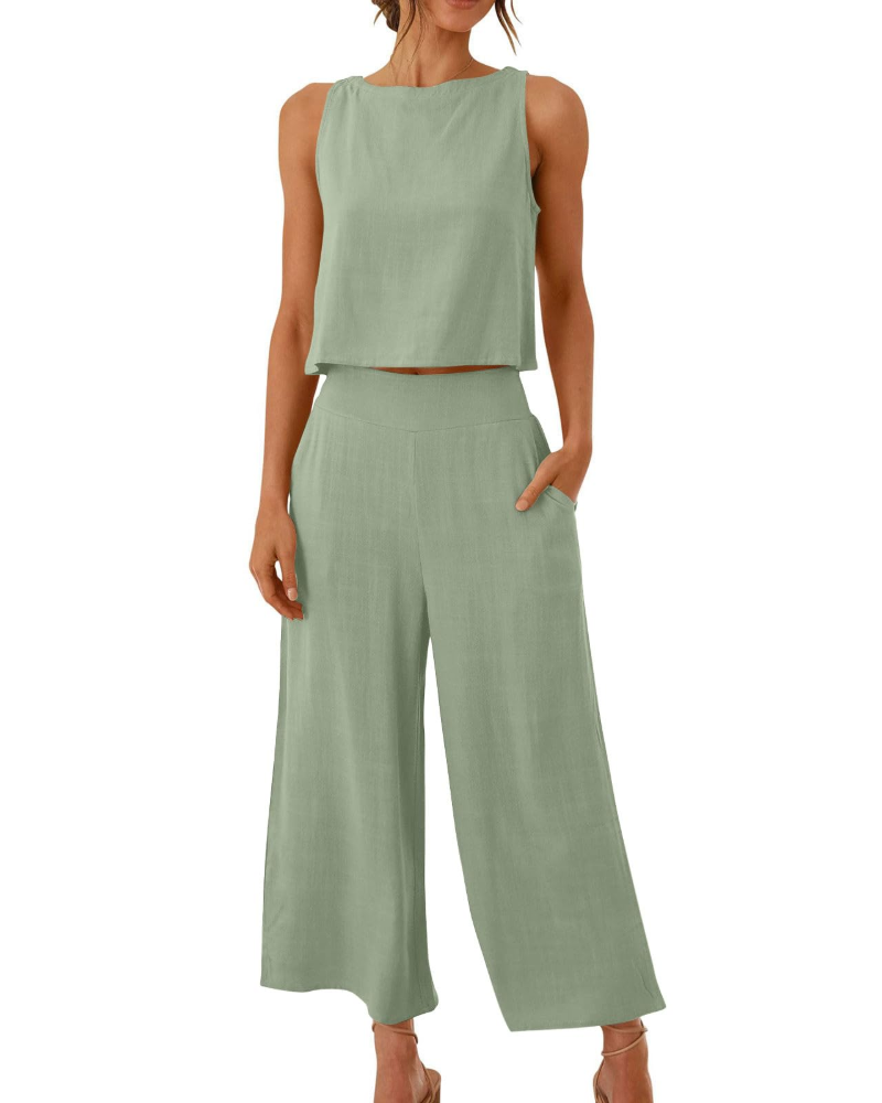Sophia Ensemble Femme Lin 2 Pièces – T-Shirt & Pantalon Large Confort Été