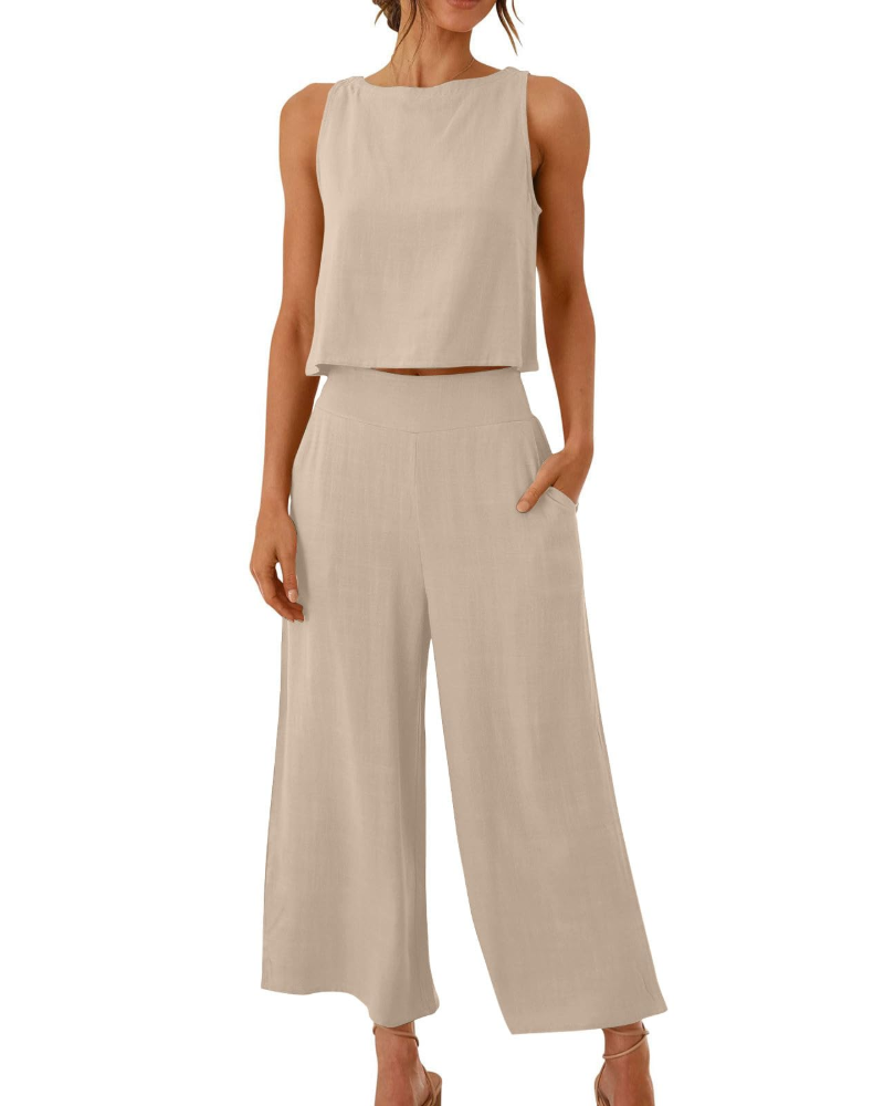 Sophia Ensemble Femme Lin 2 Pièces – T-Shirt & Pantalon Large Confort Été