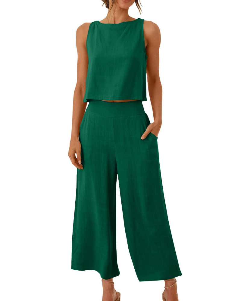 Sophia Ensemble Femme Lin 2 Pièces – T-Shirt & Pantalon Large Confort Été