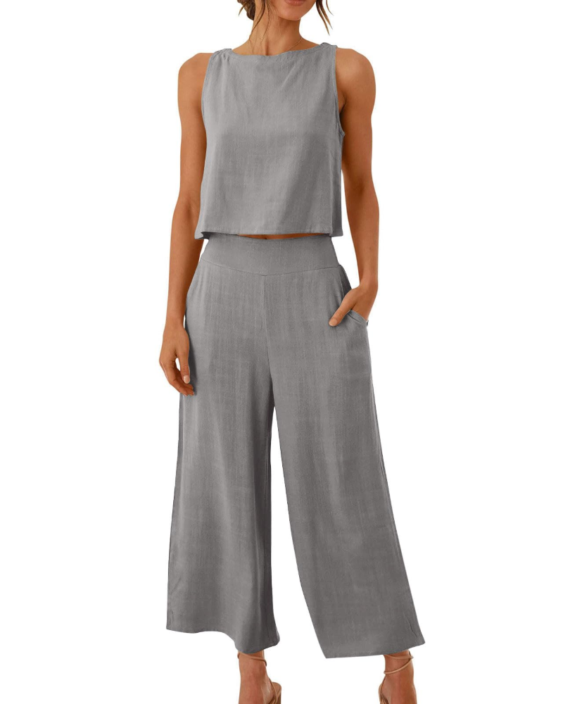 Sophia Ensemble Femme Lin 2 Pièces – T-Shirt & Pantalon Large Confort Été
