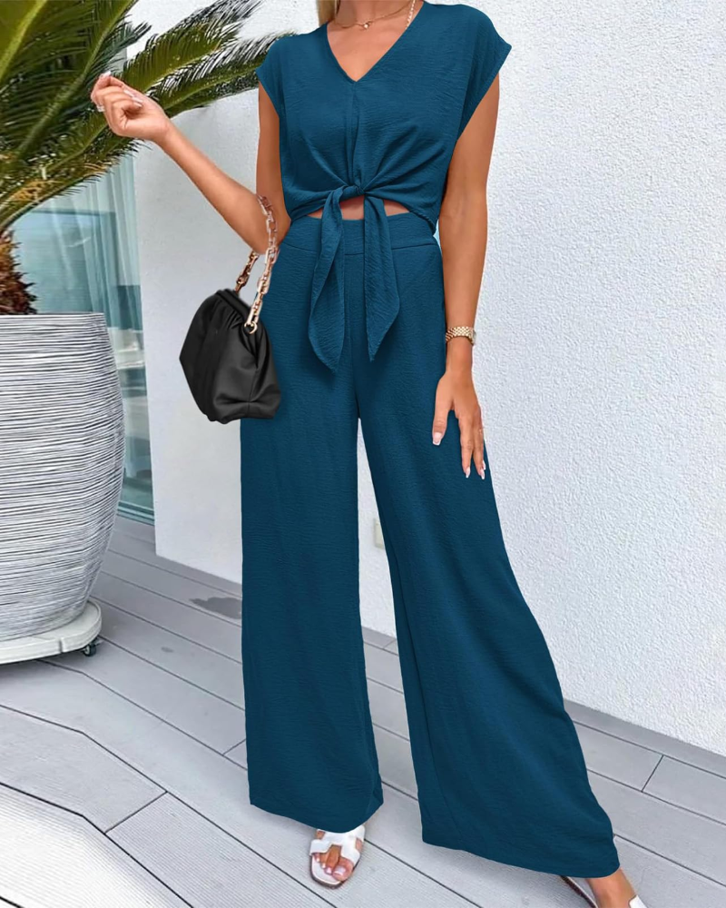 Sienna Damen Sommerensemble – V-Ausschnitt mit Schleife & Weite Hose