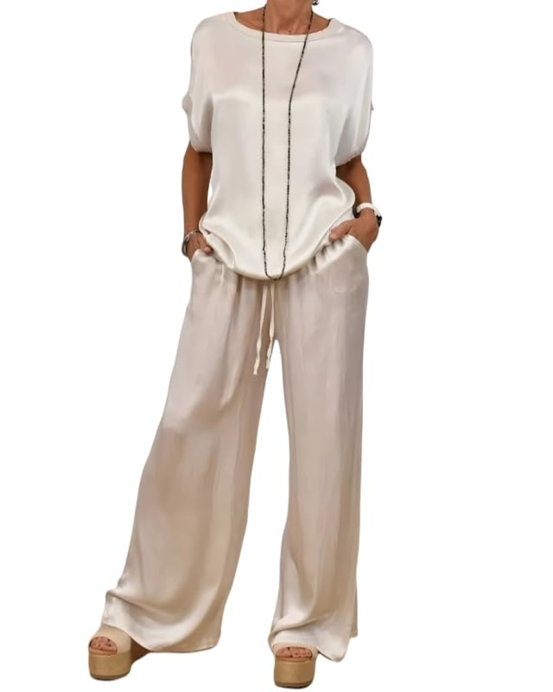 Olivia Ensemble Femme Satin – Top Col Rond & Pantalon Large Taille Élastique