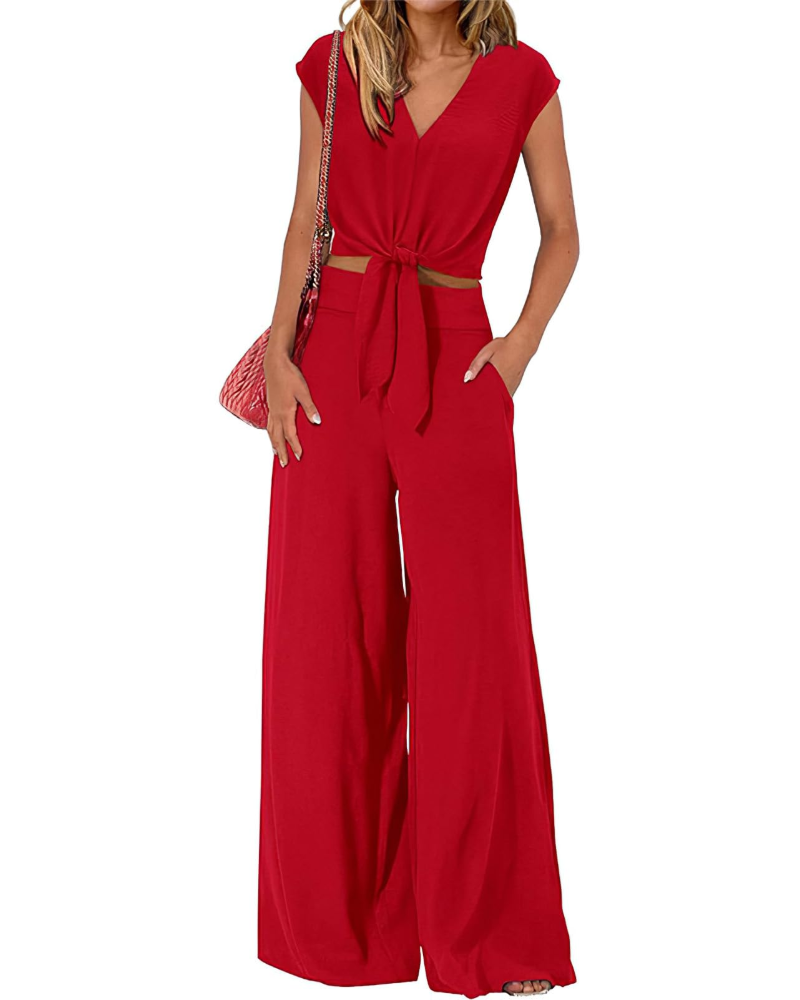 Sienna Damen Sommerensemble – V-Ausschnitt mit Schleife & Weite Hose