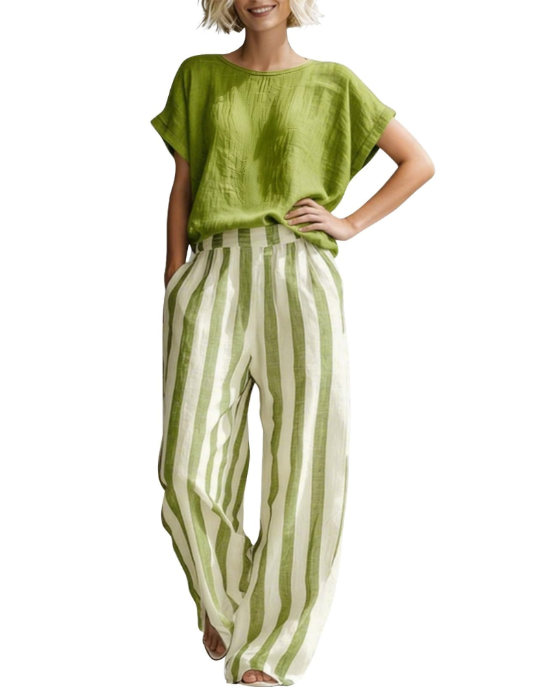 Sophia Ensemble Femme en Lin – Set 2 Pièces Élégant avec Haut & Pantalon Rayé d’Été