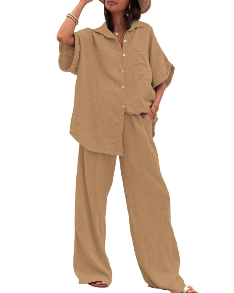 Ava Ensemble Femme Été – Chemise Boutonnée & Pantalon Large Taille Haute