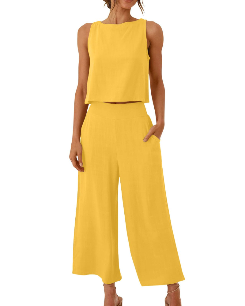 Sophia Ensemble Femme Lin 2 Pièces – T-Shirt & Pantalon Large Confort Été